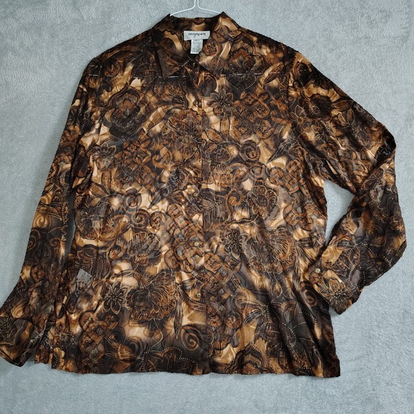 Easy Spirit Velvet Burnout Button Up Silk Blend Blouse Size L Moto Boho Luxe - Picture 1 of 14